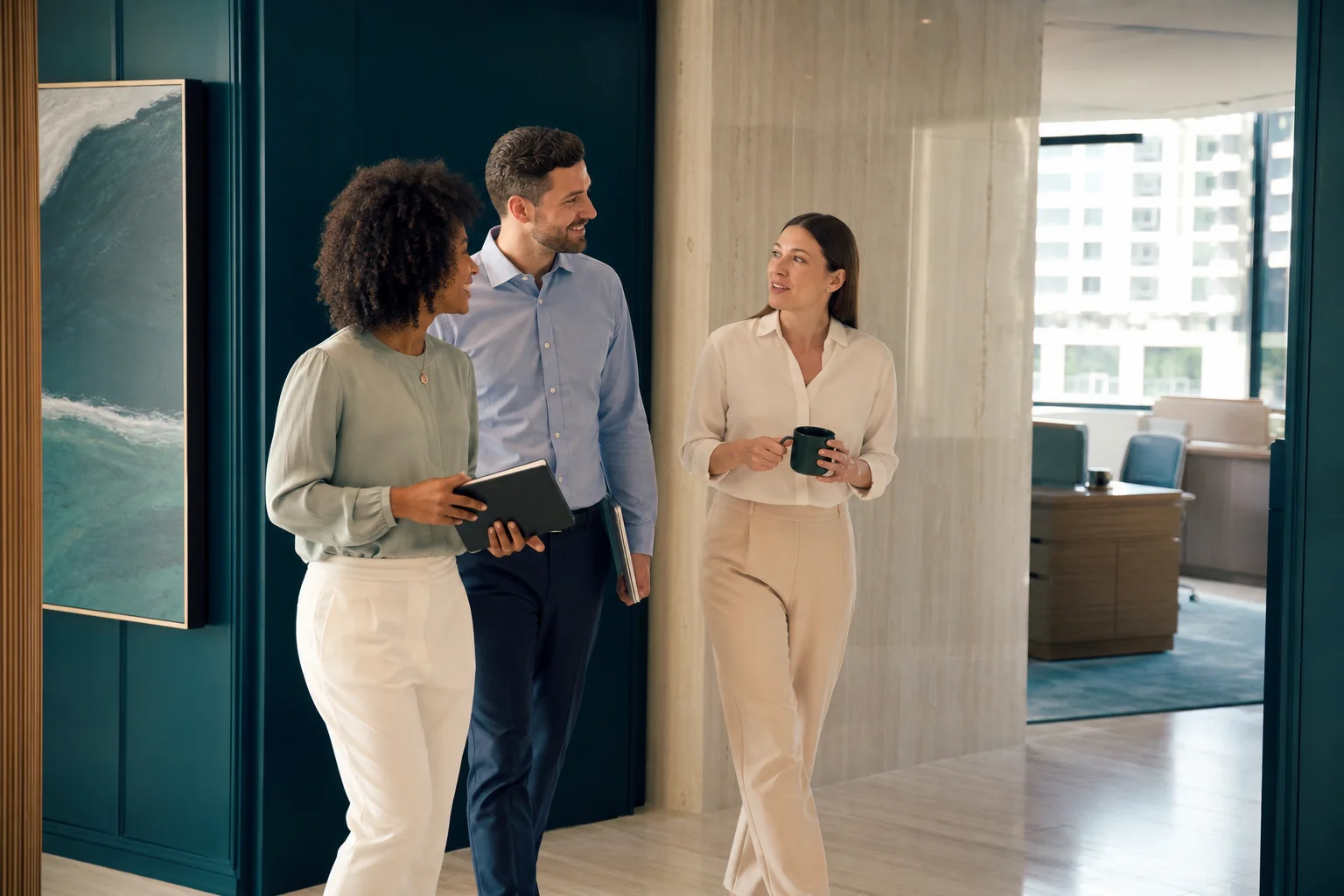 A diverse advisory team discussing their work while walking through a Miami office