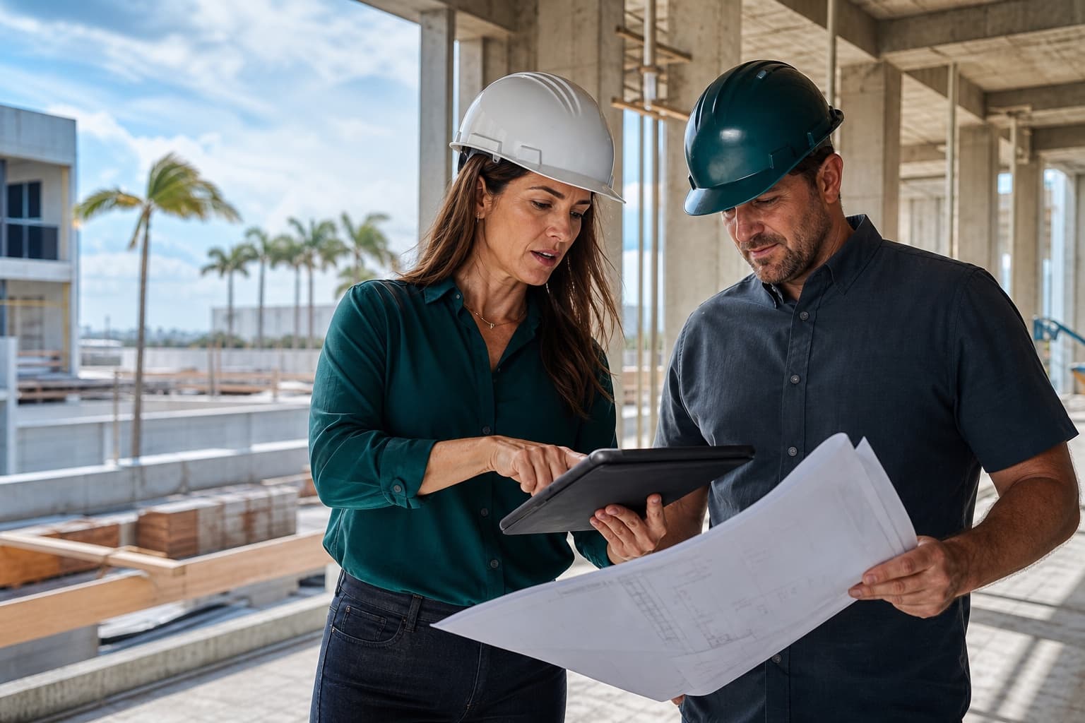 General contractors reviewing plans and project information at a Florida construction site